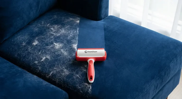 High-angle, close-up shot of a dark blue velvet sofa cushion, one half is visibly covered in white pet hair