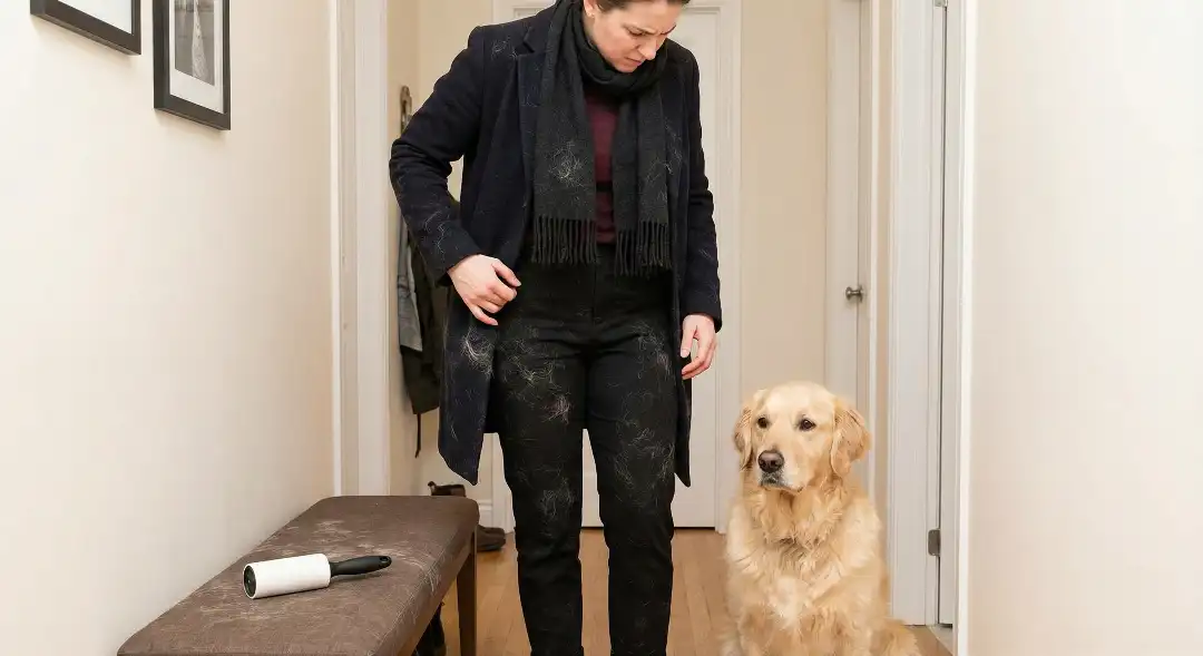 Black trousers completely covered in golden retriever fur just before leaving the house.