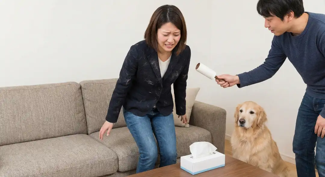 Guest embarrassed by dog hair all over her blazer after sitting on the couch, looking uncomfortable.