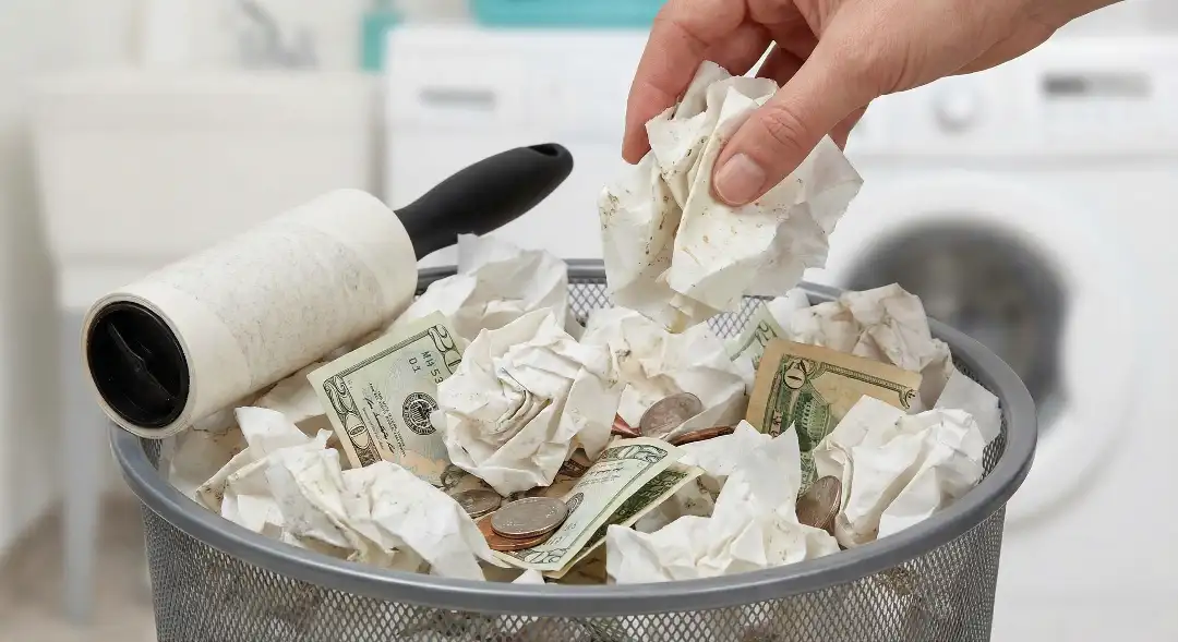 Wasting money concept: Trash bin overflowing with used sticky roller sheets and dollar bills.