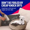 puppy.jpg A white puppy relaxing on a brown pillow while a person cleans a grey cushion nearby. Text warns customers to avoid cheap knock-offs and buy the original brand