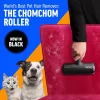 black-chomchom-roller-cleaning-pink-velvet-chair A hand using the black model of the ChomChom Roller to remove white pet hair from a pink velvet chair, with text announcing "Now in Black" and excited pets in the background