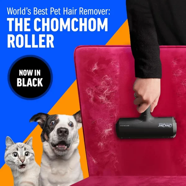 black-chomchom-roller-cleaning-pink-velvet-chair A hand using the black model of the ChomChom Roller to remove white pet hair from a pink velvet chair, with text announcing "Now in Black" and excited pets in the background