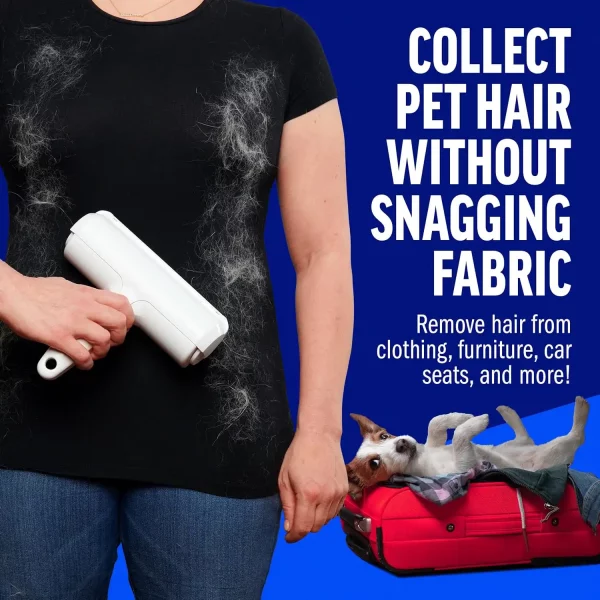 Woman removing white dog fur from a black t-shirt using ChomChom pet hair remover without snagging the fabric.