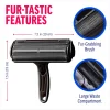 chomchom-roller-features-dimensions-brush-diagram An infographic detailing the features of the ChomChom pet hair roller, showing its 7.5-inch width, the texture of the fur-grabbing brush, and the large internal waste compartment for collecting hair
