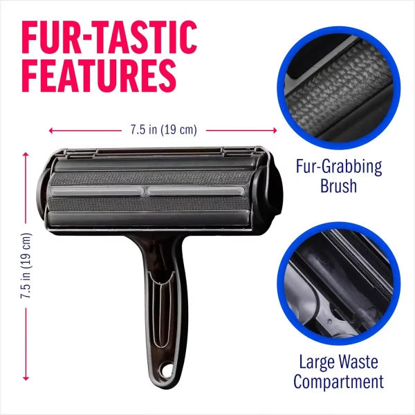 chomchom-roller-features-dimensions-brush-diagram An infographic detailing the features of the ChomChom pet hair roller, showing its 7.5-inch width, the texture of the fur-grabbing brush, and the large internal waste compartment for collecting hair