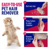 by-step.jpg Infographic showing three simple steps to use the pet hair remover: roll over hair, press the button to open the chamber, and dispose of the waste. A cute kitten stands on hind legs on the left