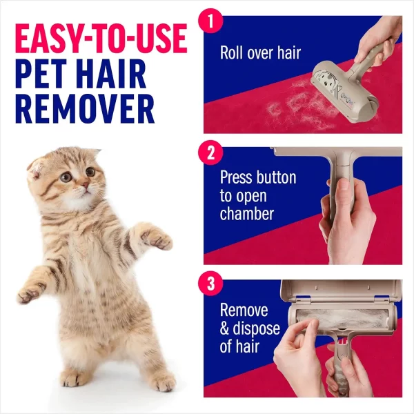 by-step.jpg Infographic showing three simple steps to use the pet hair remover: roll over hair, press the button to open the chamber, and dispose of the waste. A cute kitten stands on hind legs on the left