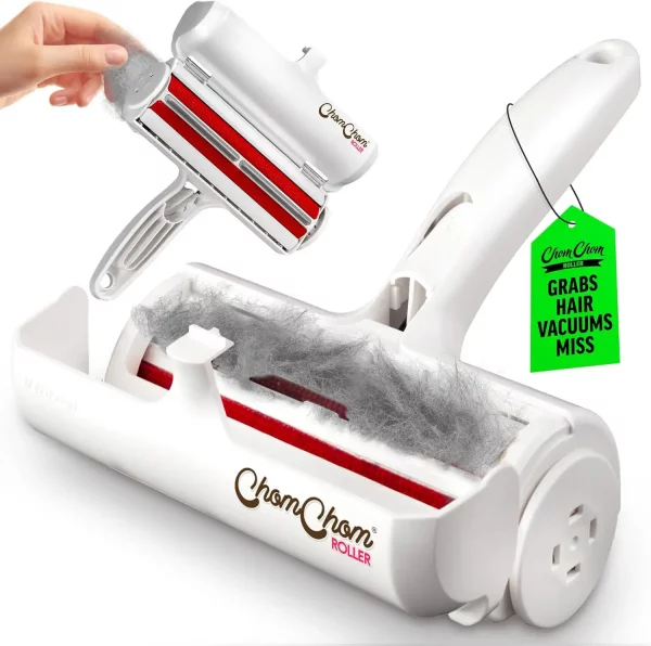 Open ChomChom roller showing red static bristles and trapped hair, demonstrating how it grabs pet hair vacuums miss.