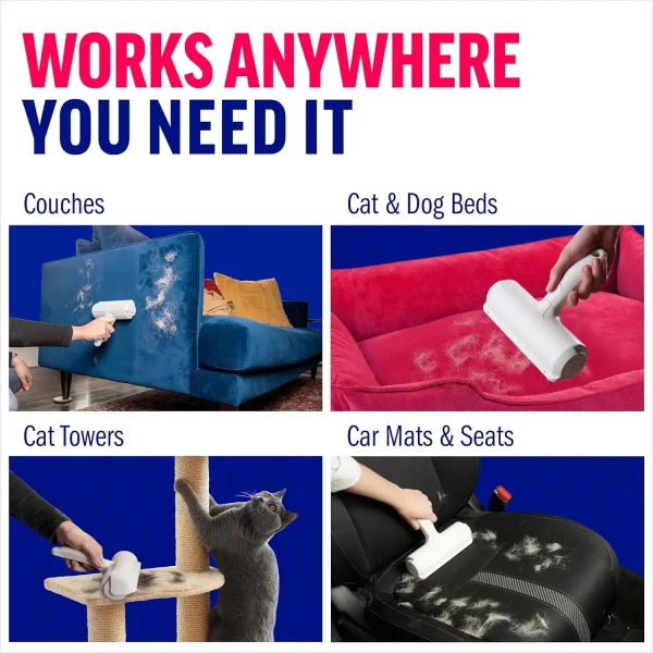 Collage showing ChomChom roller versatility: cleaning blue velvet couches, red dog beds, cat towers, and car mats & seats.