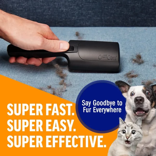 A demonstration of the lint roller removing hair from a blue fabric sofa, featuring an image of surprised pets in the corner