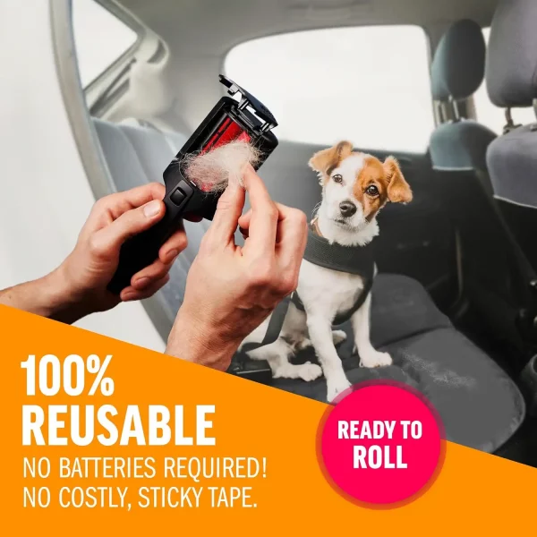 A person emptying the waste compartment of the hair remover inside a car while a small dog sits on the back seat