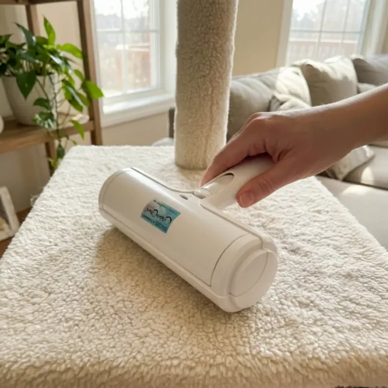 A close-up shot of a person's hand using a white reusable pet hair roller to clean white faux-fur fabric on a cat tree. The background shows a bright living room with a couch and a potted plant.