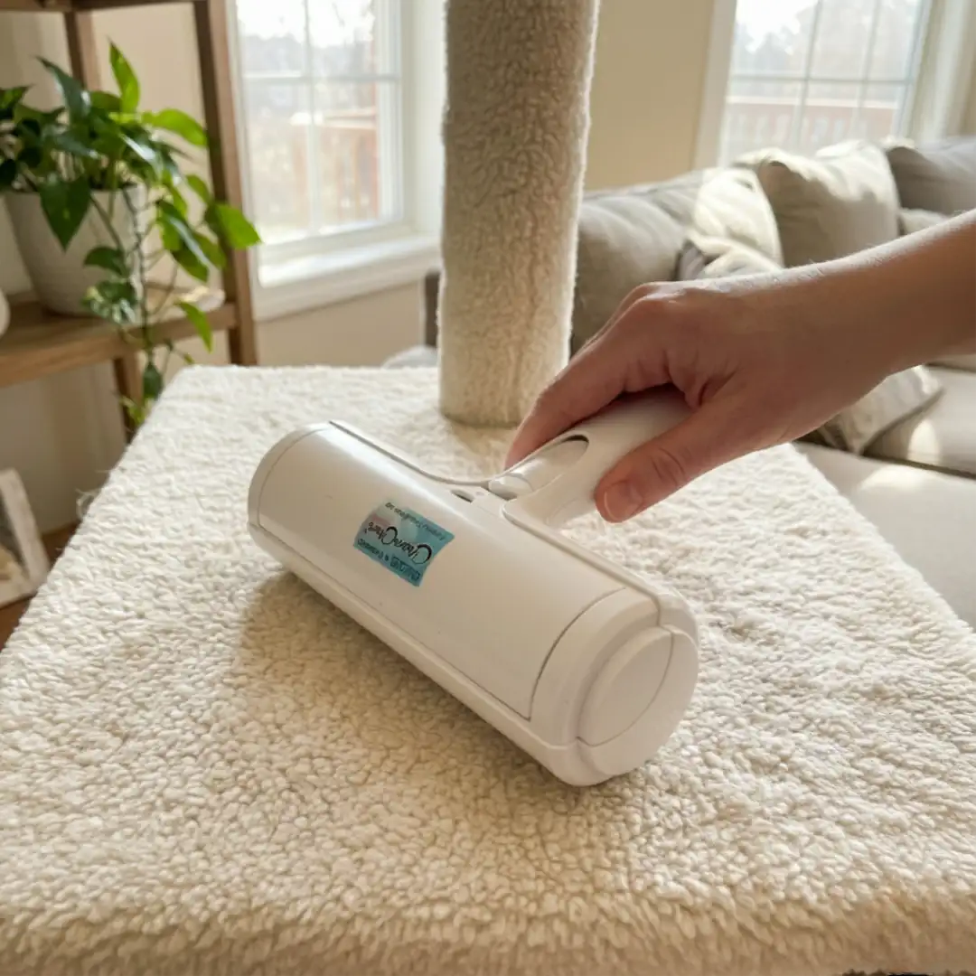 A close-up shot of a person's hand using a white reusable pet hair roller to clean white faux-fur fabric on a cat tree. The background shows a bright living room with a couch and a potted plant.