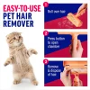 Three-step graphic guide: 1. Roll over the hair. 2. Press the button to open the capture chamber. 3. Remove and dispose of the collected fur.