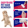 Easy-to-use guide for ChomChom pet hair remover: 1. Roll over hair, 2. Press button to open chamber, 3. Remove and dispose of hair.