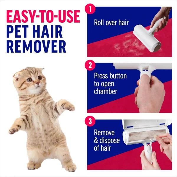 Easy-to-use guide for ChomChom pet hair remover: 1. Roll over hair, 2. Press button to open chamber, 3. Remove and dispose of hair.