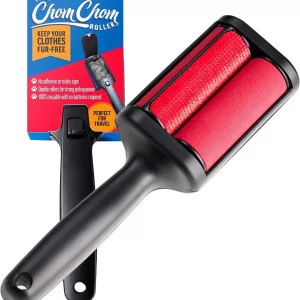 The Mini ChomChom Roller displayed upright next to its blue and orange retail packaging box