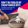 A person cleaning a gray pillow next to a white kitten, with text advising customers to choose the original ChomChom roller and avoid cheap knock-offs.