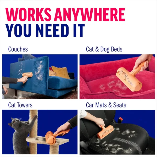 Four-panel collage showing the roller working effectively on couches, cat and dog beds, carpeted cat towers, and automotive car mats and seats.