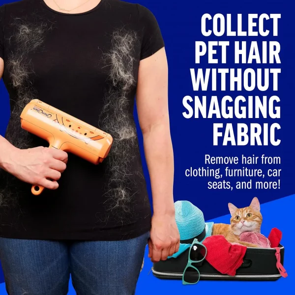 A woman holding the orange roller against a black t-shirt covered in shedding fur, demonstrating how to remove hair from clothing without snagging the fabric.
