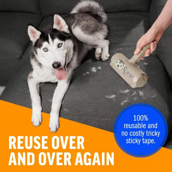 A husky dog lying on a dark grey sectional sofa while a hand cleans the upholstery with the reusable roller. Text highlights that no sticky tape is required