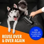 A husky dog resting on a dark sofa while a hand cleans hair off the cushion, emphasizing that the tool is 100% reusable and requires no sticky tape