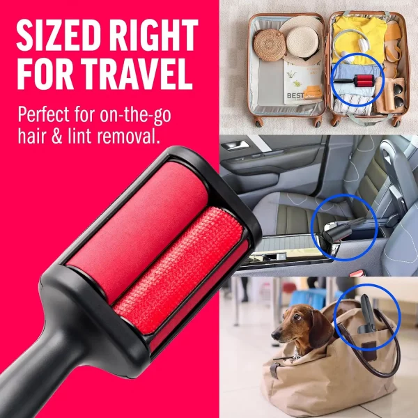 A collage demonstrating the compact size of the pet hair remover by showing it packed in a suitcase, a car console, and a handbag