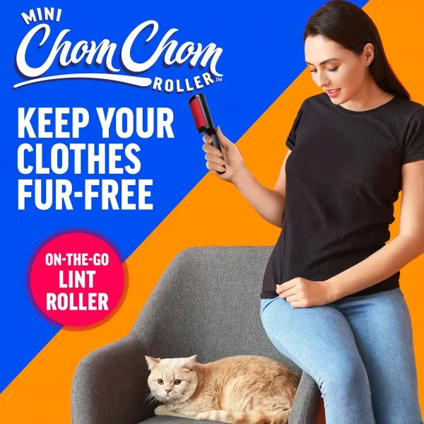 A lifestyle shot of a woman holding the portable lint roller standing next to a chair where a cat is resting