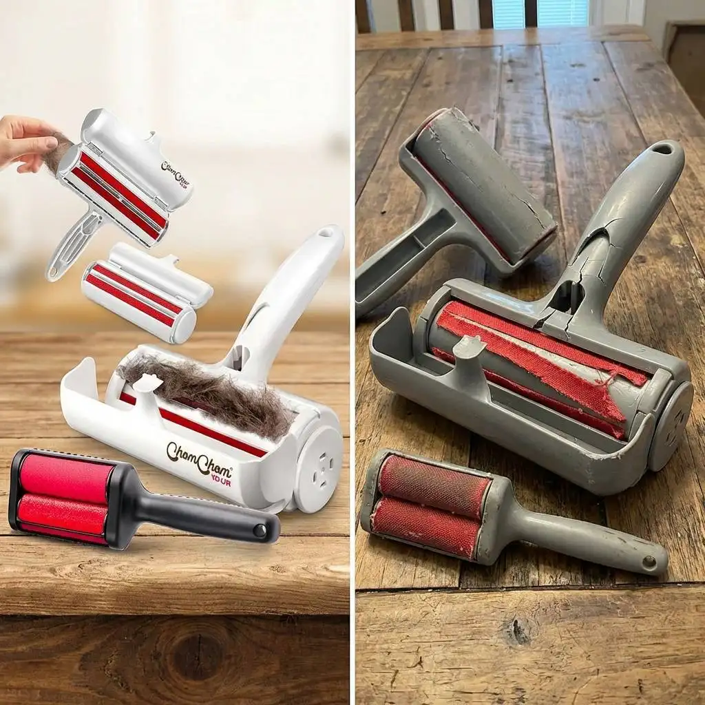 Side-by-side comparison of a pristine white ChomChom roller and a cracked, dull grey knockoff with peeling red fabric on a wooden table.