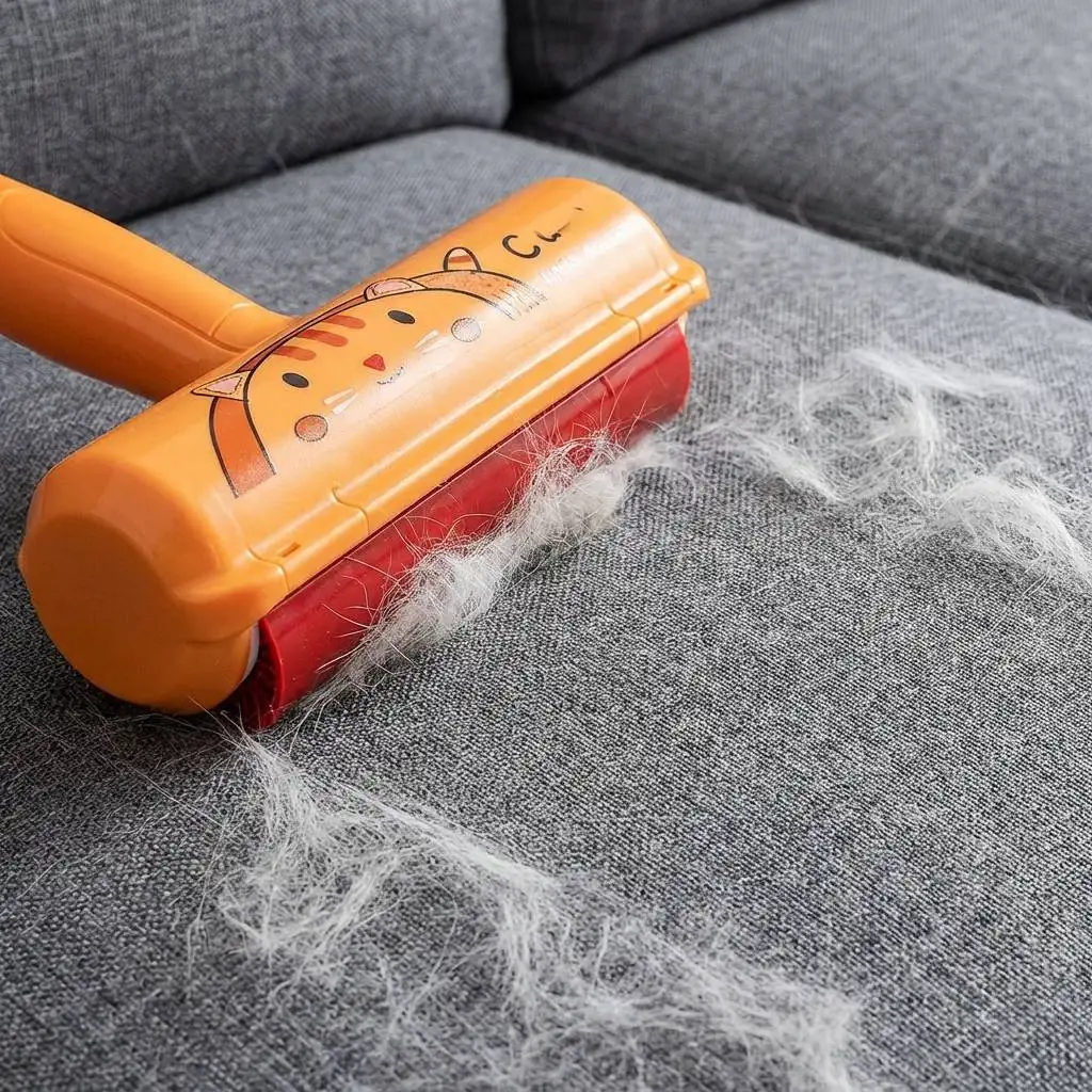 Rubber blade pet hair removal tool lifting white dog fur from a textured grey fabric sofa cushion. Rubber blade pet hair removal tool lifting white dog fur from a textured grey fabric sofa cushion.