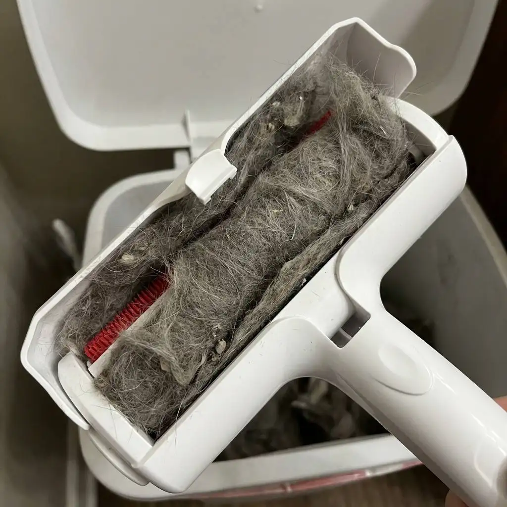 Top view of an open compartment overflowing with a dense, matted roll of grey cat fur and dust. Top view of an open compartment overflowing with a dense, matted roll of grey cat fur and dust.