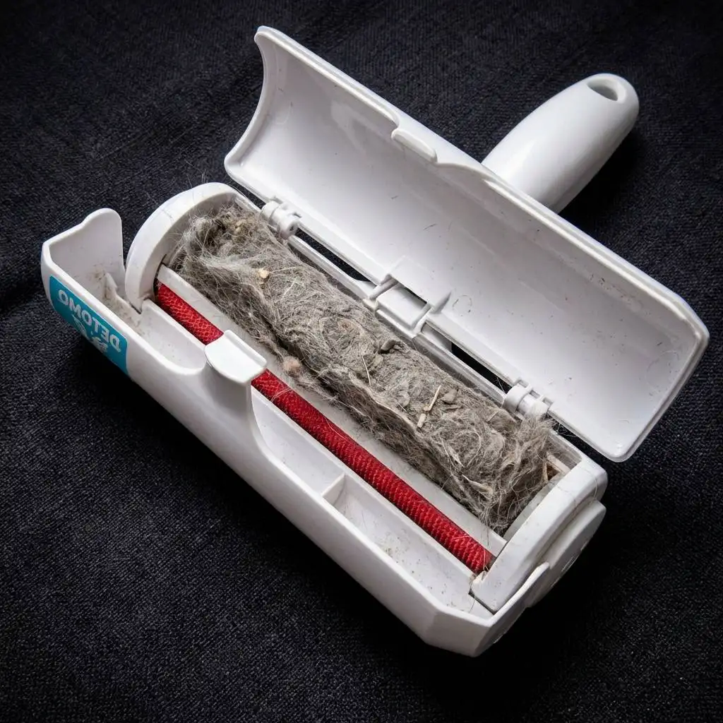 Open waste compartment of a pet hair remover tool revealing a dense brick of gray pet hair and dust against a dark fabric background.