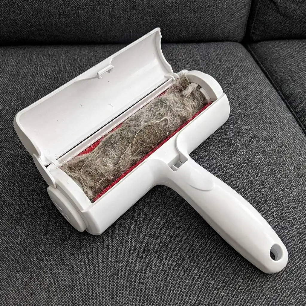 A thick, felt-like brick of grey dog fur trapped inside an open vacuum waste compartment on a dark grey fabric sofa.