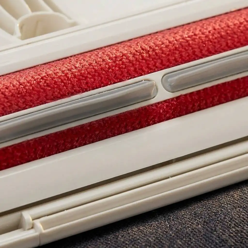 Macro shot of a reusable lint roller mechanism with red velvet strips and a grey rubber squeegee blade on dark grey fabric. Macro shot of a reusable lint roller mechanism with red velvet strips and a grey rubber squeegee blade on dark grey fabric.